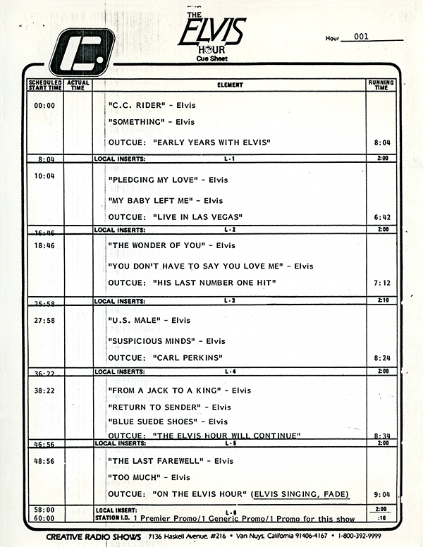 The Elvis Hour - Cue sheet Hour 01